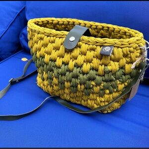 handwoven knitted handbag, adjustable shoulder crossbody strap in vibrant yellow